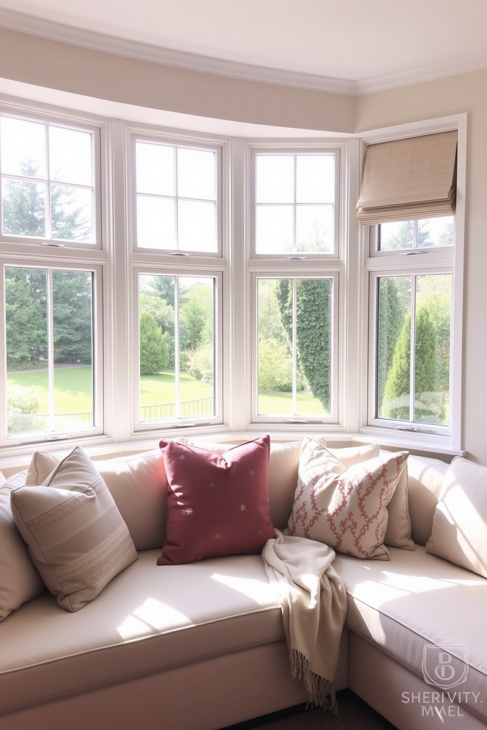 A bright living room featuring bay windows that create a cozy seating area. The seating is adorned with plush cushions and a soft throw blanket, inviting relaxation and comfort.