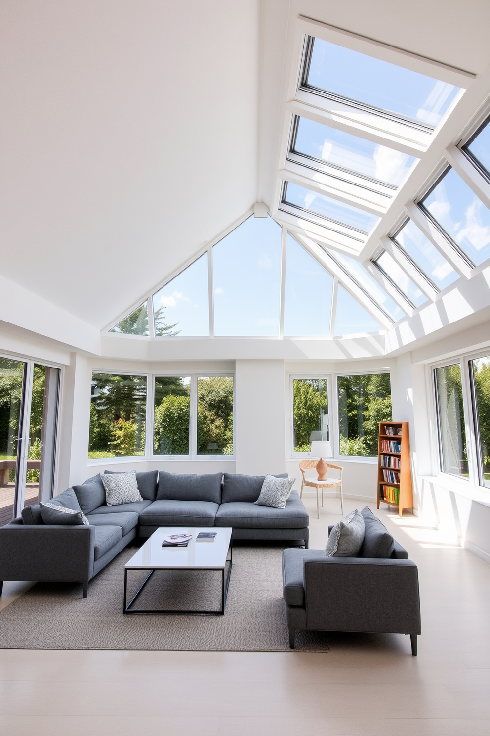 A spacious living room featuring large skylights that flood the area with natural light creating an airy atmosphere. The walls are painted in a soft white, complemented by a plush gray sectional sofa and a modern coffee table at the center. Floor-to-ceiling windows frame the room, offering stunning views of the outdoors while inviting in additional light. A cozy reading nook is situated by one of the windows, adorned with a comfortable armchair and a small bookshelf filled with colorful titles.