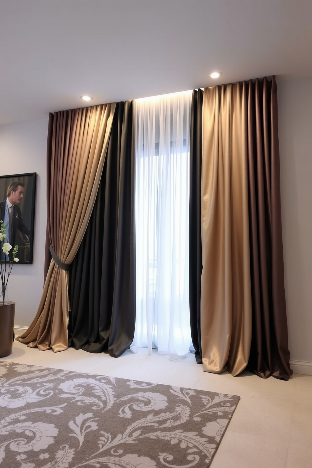 A stylish living room featuring floor-length curtains that cascade elegantly to the floor, creating a dramatic effect. The curtains are made of luxurious fabric and are complemented by a sleek window design that enhances the overall aesthetic of the space.