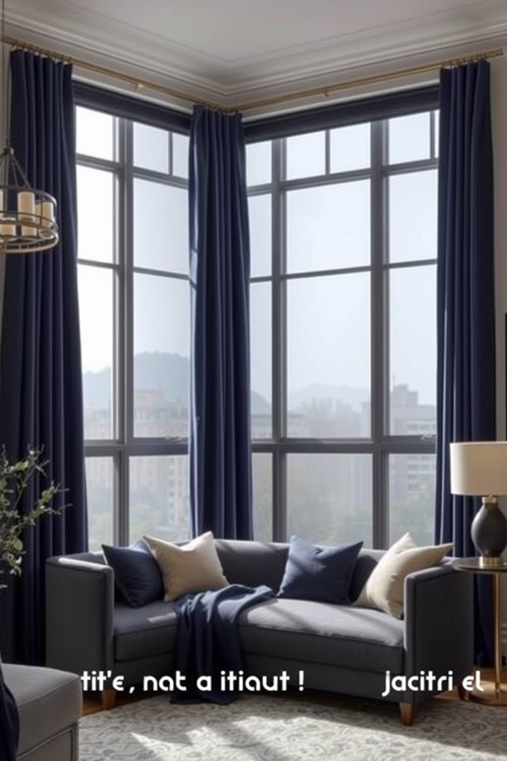 A stylish living room featuring large windows adorned with luxurious blackout curtains for ultimate privacy. The curtains are made of rich fabric in a deep navy blue, elegantly cascading to the floor and complementing the room's modern decor.