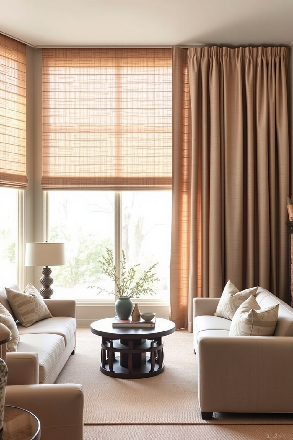 A cozy living room features large windows dressed with textured fabric drapes that add depth and warmth to the space. The drapes are in a soft, muted color, complementing the neutral tones of the furniture while allowing natural light to filter through beautifully.