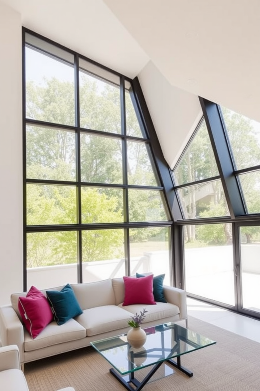 A contemporary living room featuring geometric window designs that enhance natural light and create visual interest. The windows are large and asymmetrical, framed in sleek black metal, with clear glass panes that offer unobstructed views of the outdoors. The interior is styled with minimalist furniture, including a low-profile sofa and a glass coffee table. Soft neutral tones dominate the decor, complemented by vibrant throw pillows that add a pop of color.