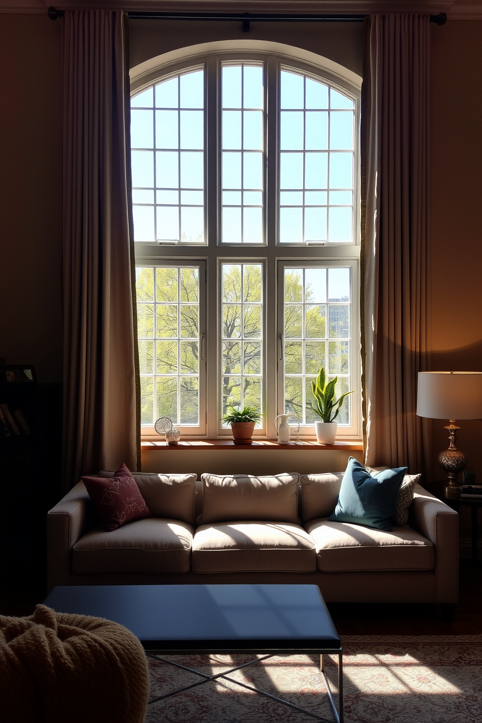 A cozy living room features large windows with elegant drapery that softly frames the view outside. Accent lighting is installed around the window frames, highlighting the architectural details and creating a warm ambiance in the space. The furniture arrangement includes a plush sofa positioned to face the windows, inviting natural light to fill the room. Decorative elements such as potted plants and stylish accessories are placed on the window sills, enhancing the overall aesthetic and comfort of the living area.