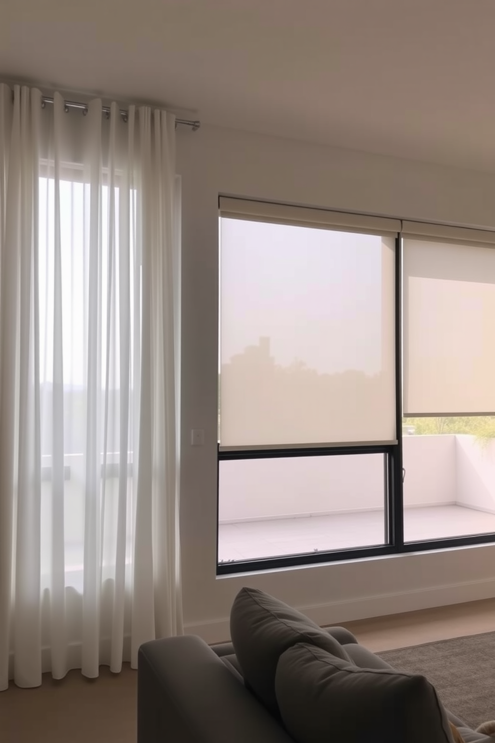 A minimalist living room features sheer white curtains that softly filter natural light. The window frames are sleek and black, creating a modern contrast against the light walls. A large floor-to-ceiling window offers an unobstructed view of the outdoors, enhancing the sense of openness. Simple roller shades in a neutral tone complement the overall design while providing privacy when needed.