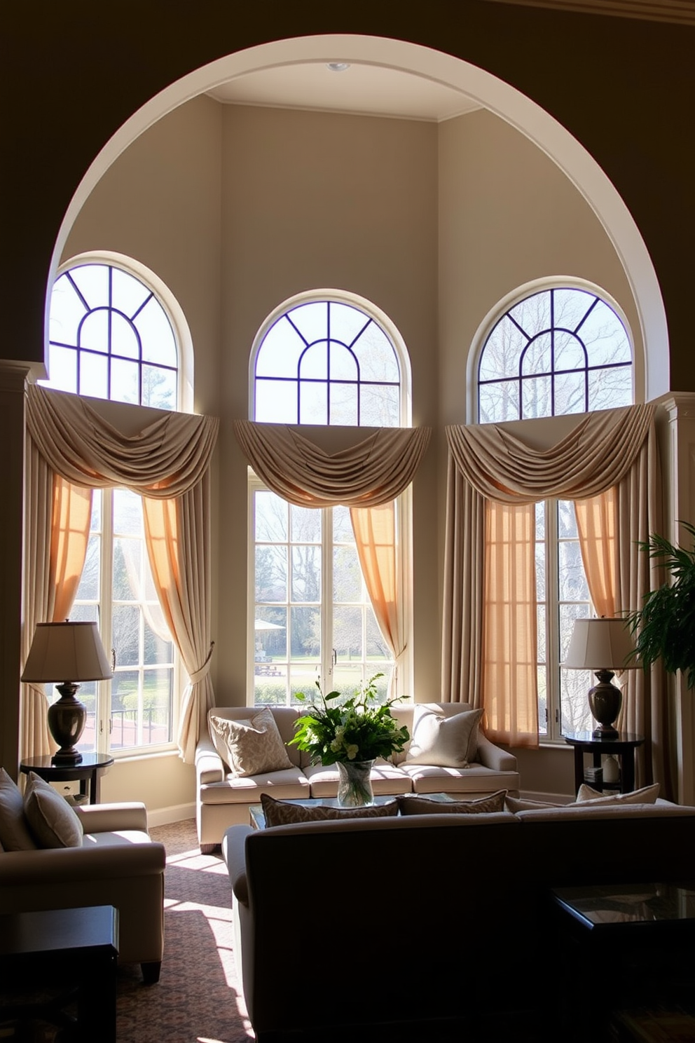 A spacious living room features large arched windows that allow natural light to flood the space. The elegant curves of the windows create a soft and inviting atmosphere, enhancing the overall aesthetic of the room. The windows are adorned with sheer white curtains that gently cascade to the floor, adding a touch of sophistication. A cozy seating arrangement is positioned near the windows, providing a perfect spot for relaxation while enjoying the view outside.