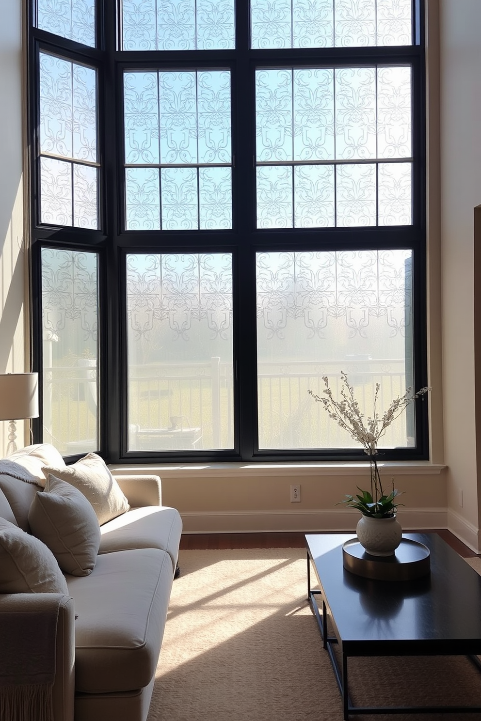 A serene living room with large windows adorned with elegant window film that provides privacy while allowing natural light to filter through. The design features soft neutral tones, a plush sofa, and a stylish coffee table, creating an inviting atmosphere.