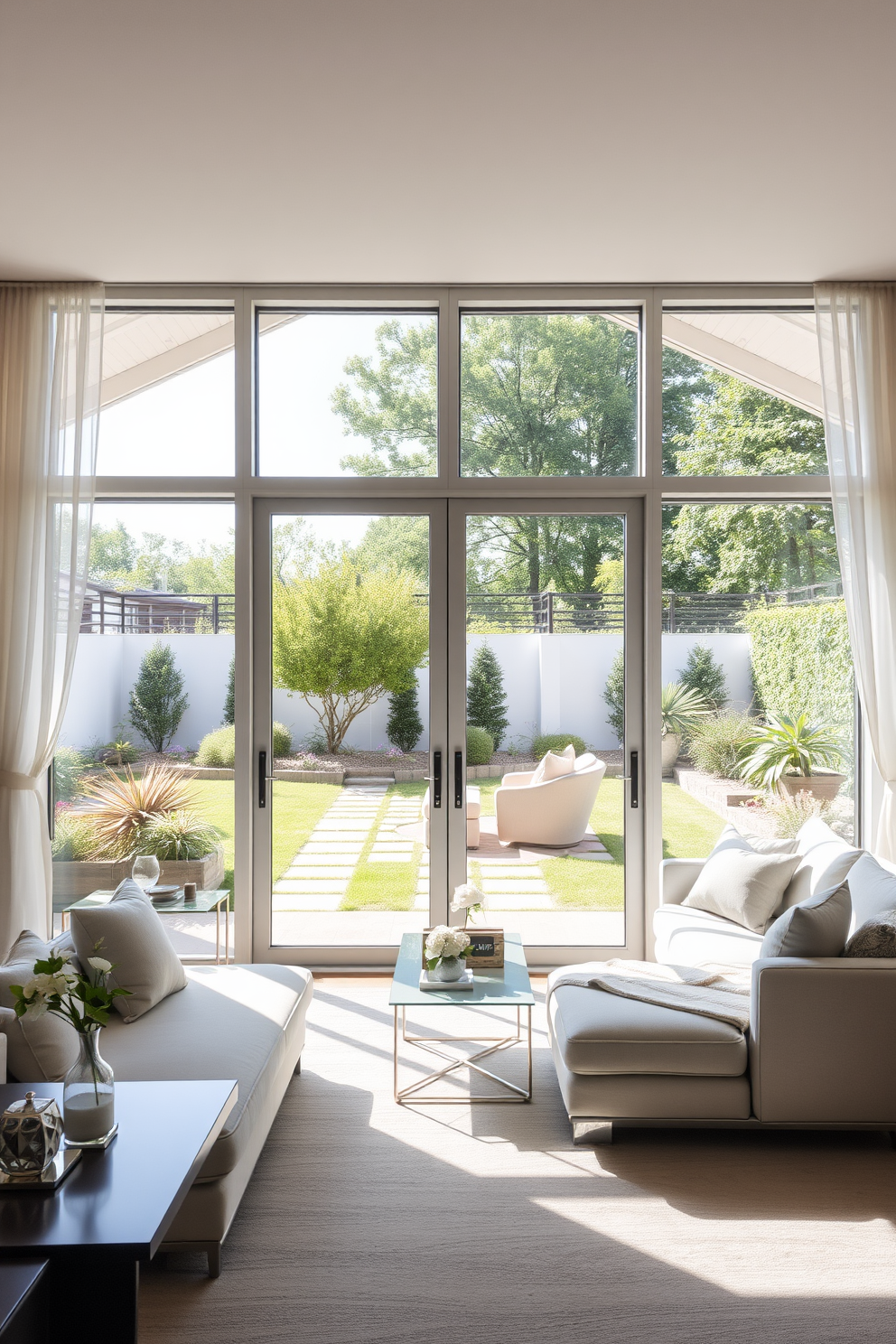 A bright and airy living room features large sliding glass doors that open up to a beautifully landscaped patio, allowing for seamless indoor-outdoor living. The room is filled with natural light, highlighting the elegant furnishings and modern decor that create a welcoming atmosphere. The windows are designed with minimalist frames, complementing the contemporary aesthetic of the space. Soft, sheer curtains frame the glass, adding a touch of softness while maintaining the view of the lush greenery outside.