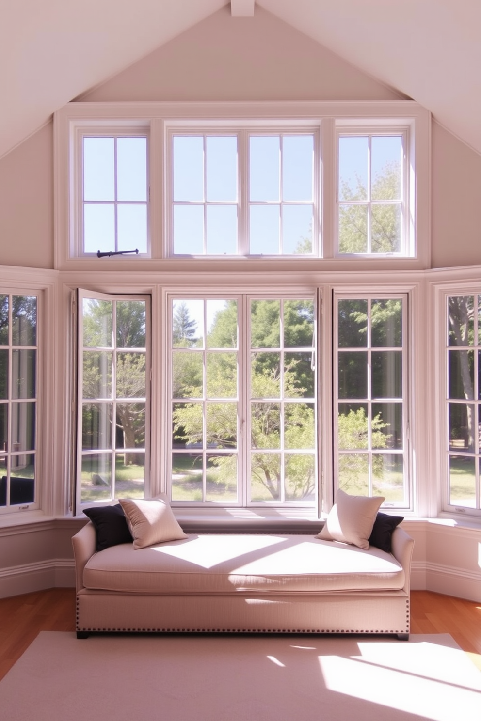 A spacious living room featuring transom windows above the doors to create an illusion of added height. The windows are framed in elegant wood, allowing natural light to flood the space while maintaining privacy. The room is designed with a cozy seating area that includes a plush sectional sofa and a chic coffee table. Complementing the windows, sheer curtains add a touch of softness and enhance the overall aesthetic of the room.