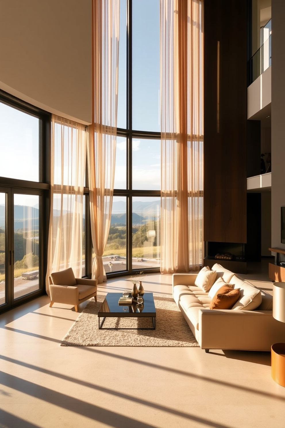 A spacious living room features large picture windows that frame breathtaking views of the surrounding landscape. Soft natural light floods the space, highlighting the elegant furnishings and warm color palette. The windows are adorned with sheer curtains that gently sway with the breeze, adding a touch of softness to the modern aesthetic. A cozy seating area is arranged near the windows, inviting relaxation while enjoying the picturesque scenery outside.