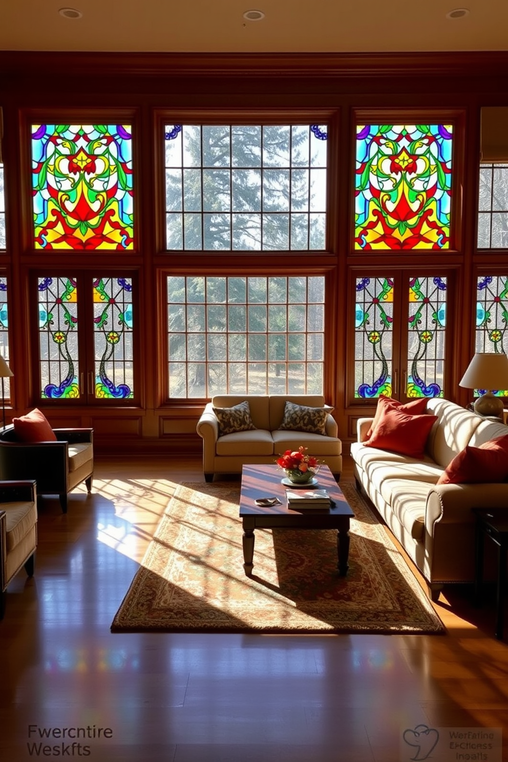 A modern living room featuring sliding glass doors that seamlessly connect the indoor space with the outdoor patio. The room is filled with natural light, showcasing a cozy seating arrangement with plush sofas and a stylish coffee table. Large windows are designed to enhance the view of the garden, framed by elegant drapes that complement the room's color palette. The decor includes a mix of contemporary art pieces and indoor plants, creating a harmonious blend of comfort and sophistication.