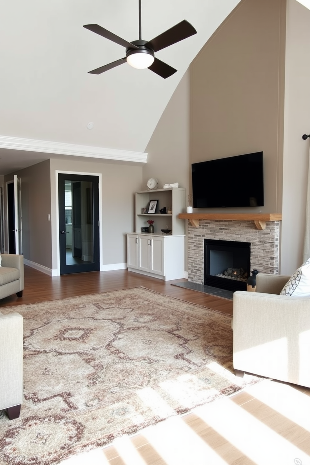 A vibrant accent wall in a living room serves as a stunning backdrop for a modern fireplace and sleek television. The wall is adorned with bold geometric patterns that bring energy to the space, while the fireplace features a minimalist design with a warm, inviting glow.