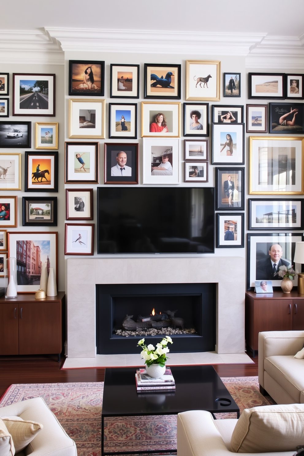 Elegant mantel decor with TV integration. The mantel features a sleek design with a combination of natural wood and white finishes, framing a large flat-screen television seamlessly integrated into the wall. The fireplace below is adorned with a modern stone surround, creating a warm focal point in the room. Flanking the mantel are stylish decorative items, such as sculptural vases and framed art, adding personality and sophistication to the space.