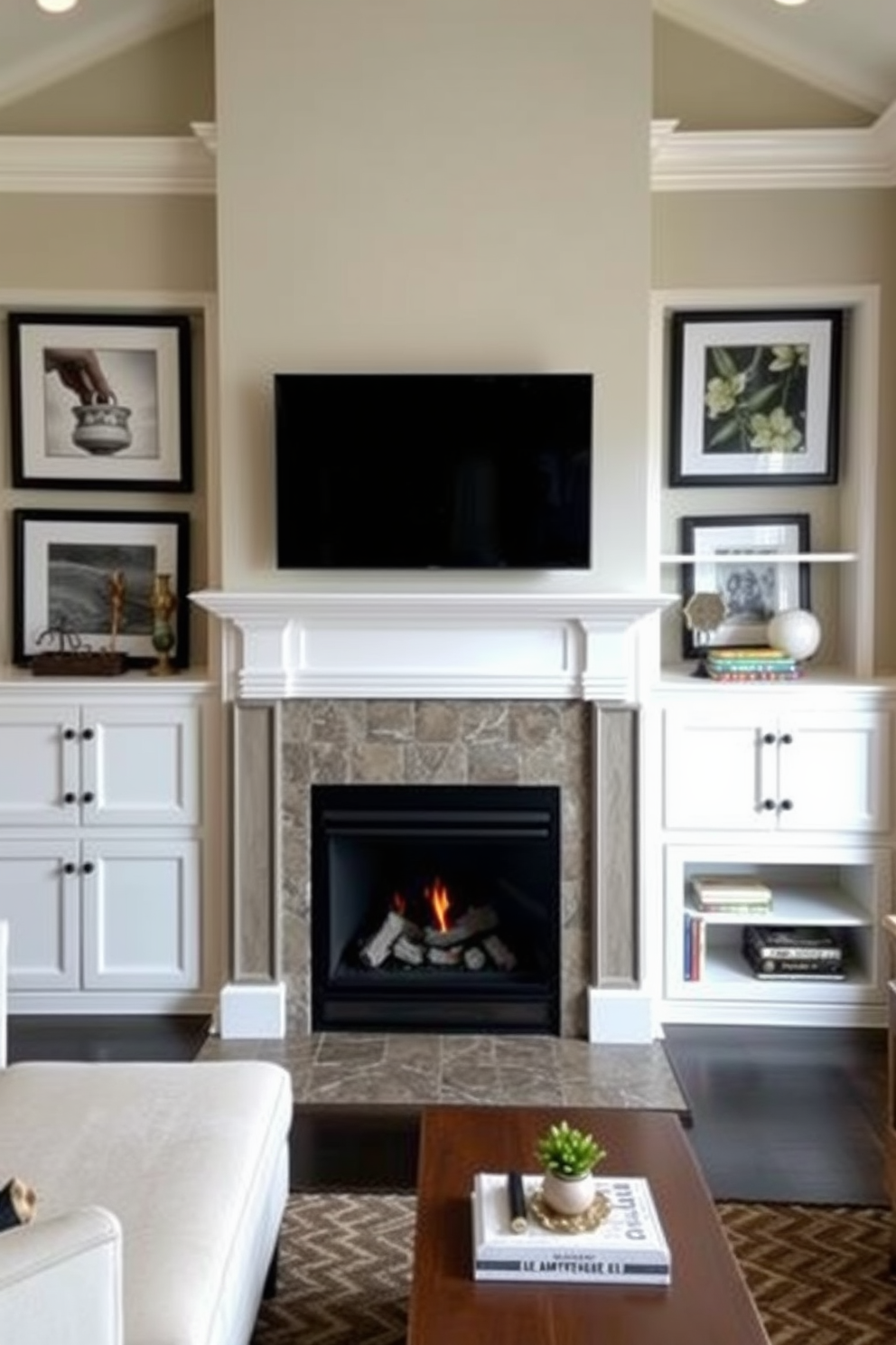 A contemporary living room featuring a sleek fireplace set into a modern stone wall. Floating shelves on either side of the fireplace display carefully curated decor and books, enhancing the room's stylish appeal. The seating area includes a plush sectional sofa in a neutral tone facing the fireplace. A large flat-screen TV is mounted above the fireplace, creating a seamless blend of comfort and entertainment.