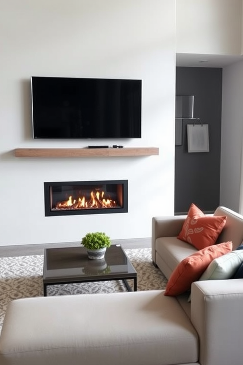 A cozy living room featuring a reclaimed wood fireplace as the focal point. Above the fireplace, a sleek modern TV is mounted, creating a perfect balance of rustic charm and contemporary design. The seating area includes a plush sectional sofa in neutral tones, complemented by textured throw pillows. A large area rug anchors the space, while natural light streams in through oversized windows, enhancing the warm ambiance.