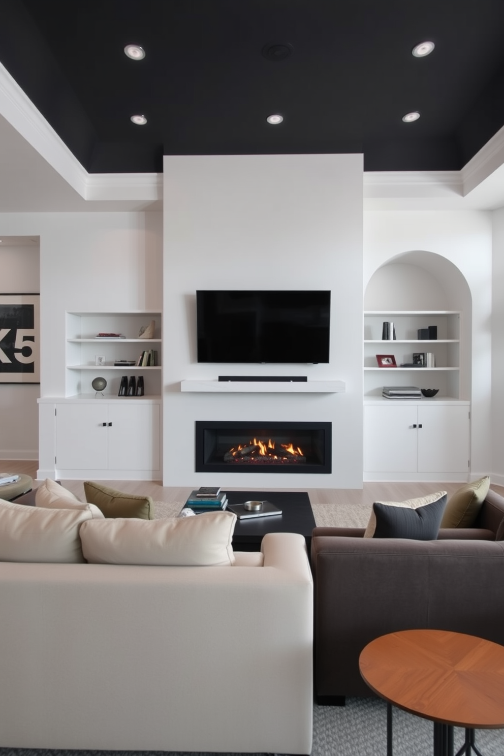 Bright living room with a cozy fireplace as the focal point. A large flat-screen TV is mounted above the fireplace, surrounded by built-in shelves filled with books and decor. The walls are painted in a warm white, creating an inviting atmosphere. Plush sofas are arranged in a U-shape, adorned with colorful throw pillows for added comfort.