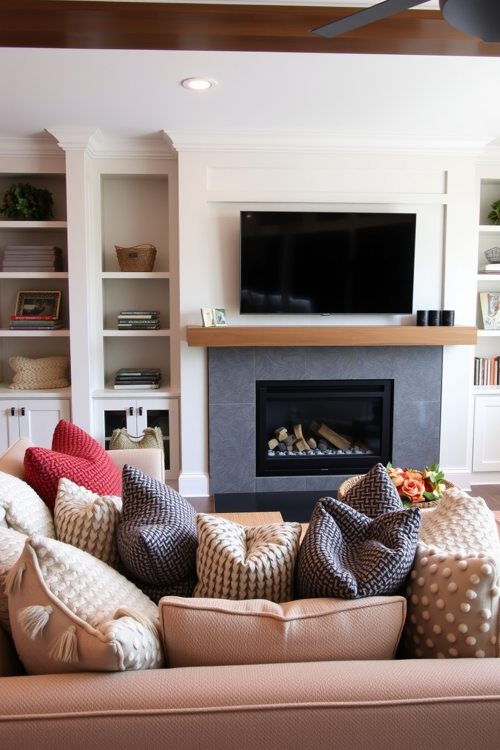 A family-friendly layout featuring a cozy seating arrangement in a spacious living room. The design includes a comfortable sectional sofa with soft cushions, a large area rug, and a coffee table at the center, creating an inviting atmosphere. Incorporating a stylish fireplace as a focal point, the room is designed with built-in shelves on either side for displaying books and decor. A wall-mounted TV is positioned above the fireplace, ensuring optimal viewing from the seating area while maintaining a warm and welcoming vibe.