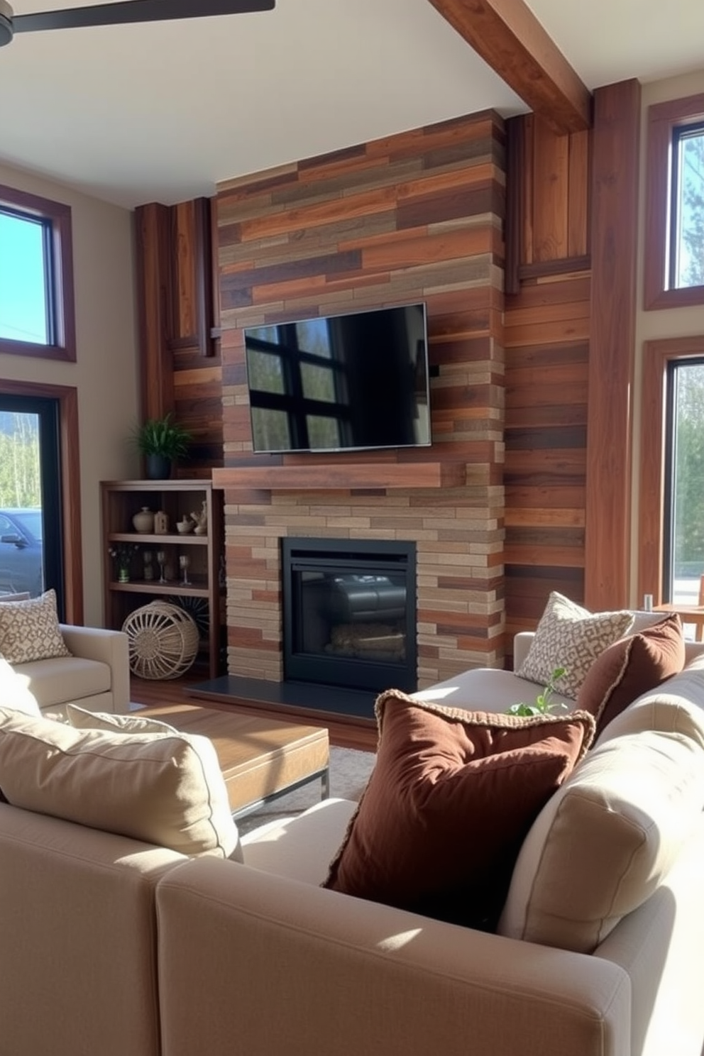 Artistic fireplace design featuring a modern stone facade with a sleek electric fireplace embedded in the center. Below the fireplace, a flat-screen TV is mounted on the wall, creating a seamless integration of technology and warmth in the living room. The surrounding area includes built-in shelves on either side of the fireplace, showcasing decorative items and books. A cozy seating arrangement with plush sofas and a stylish coffee table completes the inviting atmosphere of the space.