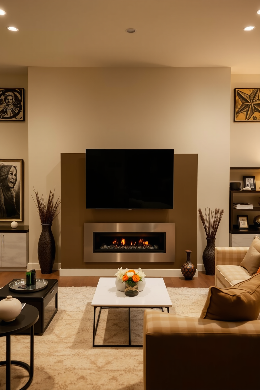 A rustic mantel made of reclaimed wood frames a sleek flat screen television mounted above a cozy fireplace. The living room features warm earth tones, with a plush area rug and comfortable seating arranged to create an inviting atmosphere.