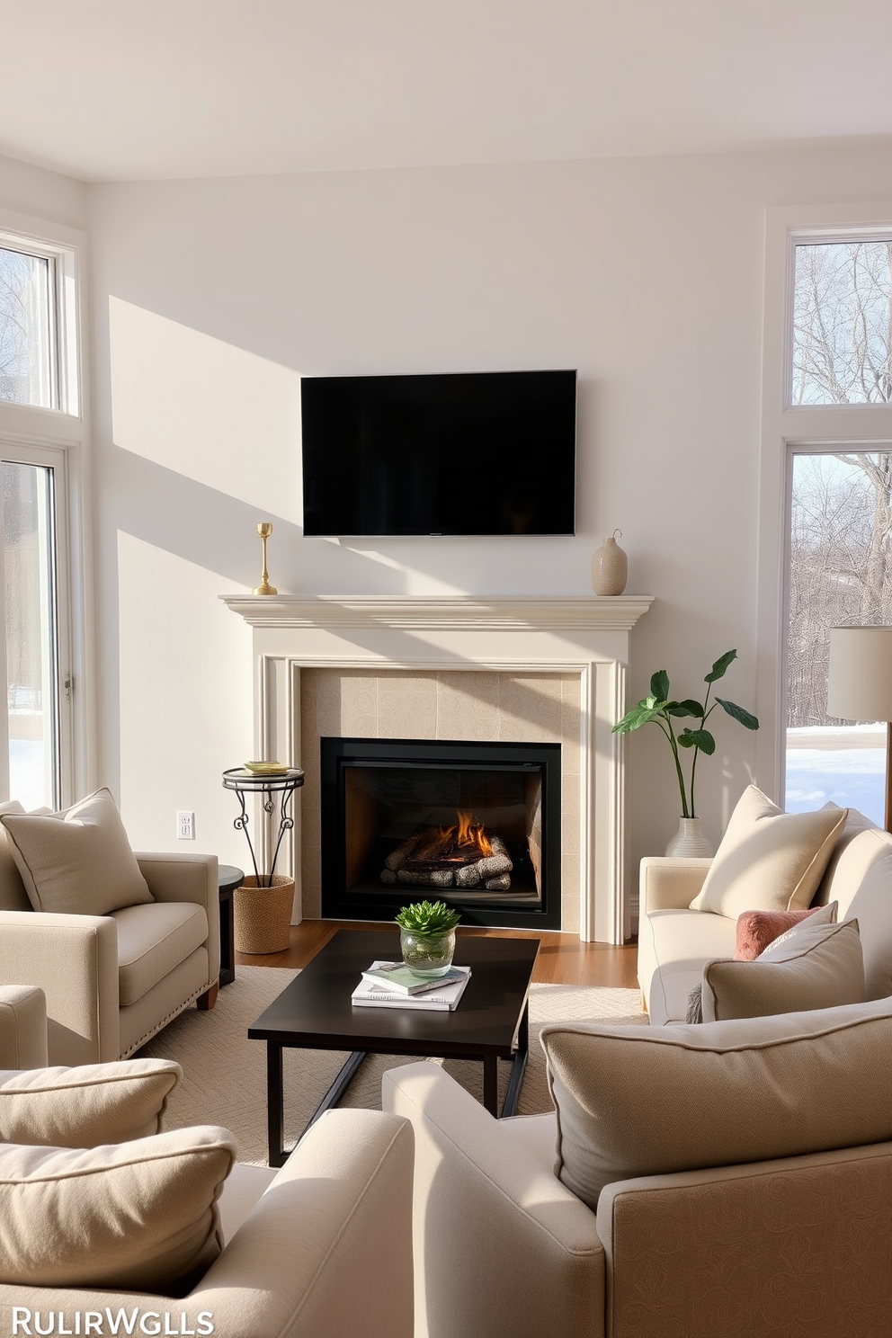 Chic living room featuring a sleek fireplace as the focal point. Above the fireplace, a wall-mounted TV is elegantly integrated into the design.