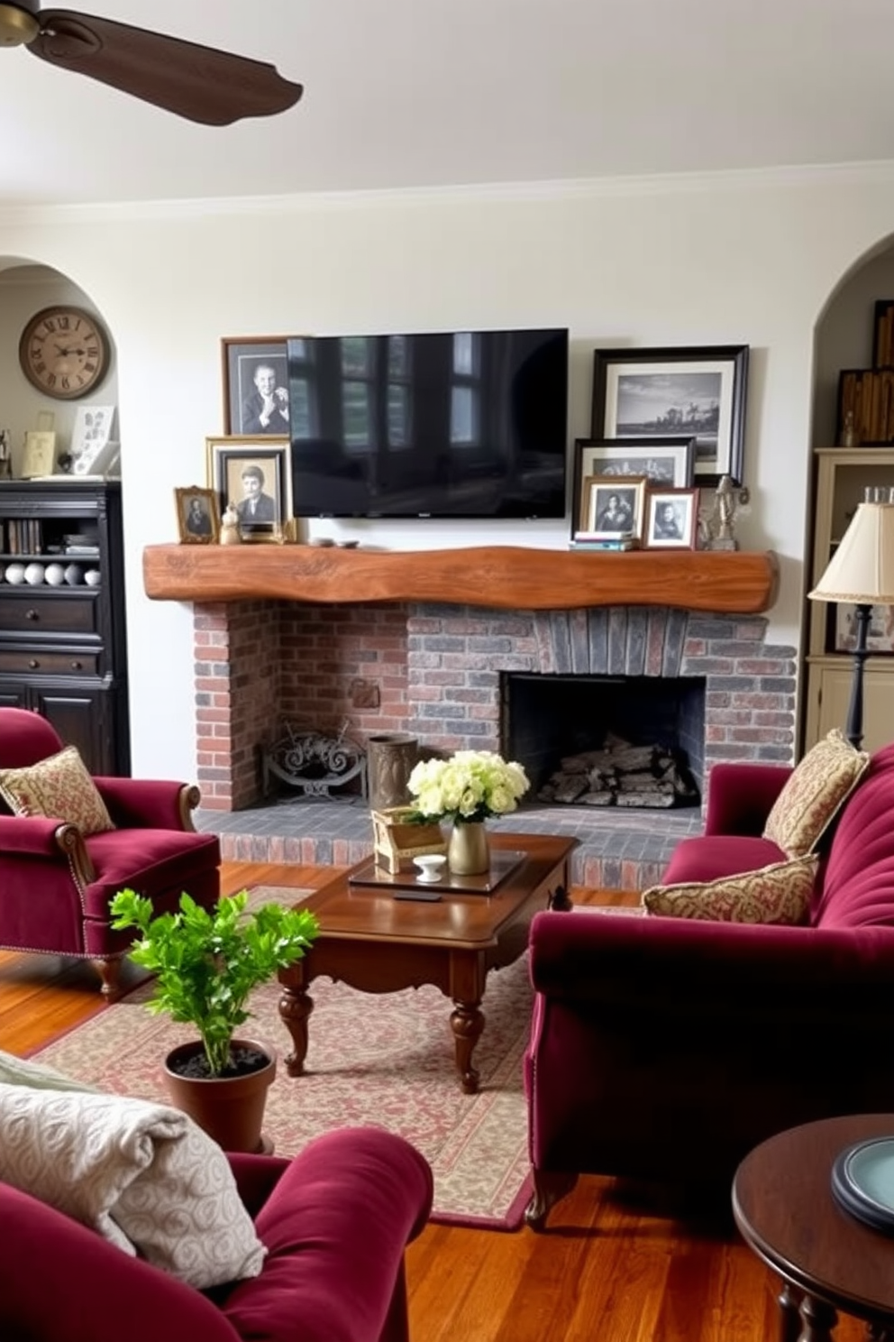 A cozy living room featuring a neutral color palette that creates a warm and inviting atmosphere. The focal point is a modern fireplace surrounded by built-in shelves that hold decorative items and books. A large flat-screen TV is mounted above the fireplace, seamlessly integrated into the design. Plush seating in soft fabrics is arranged to encourage conversation and relaxation, complemented by a stylish coffee table in the center.