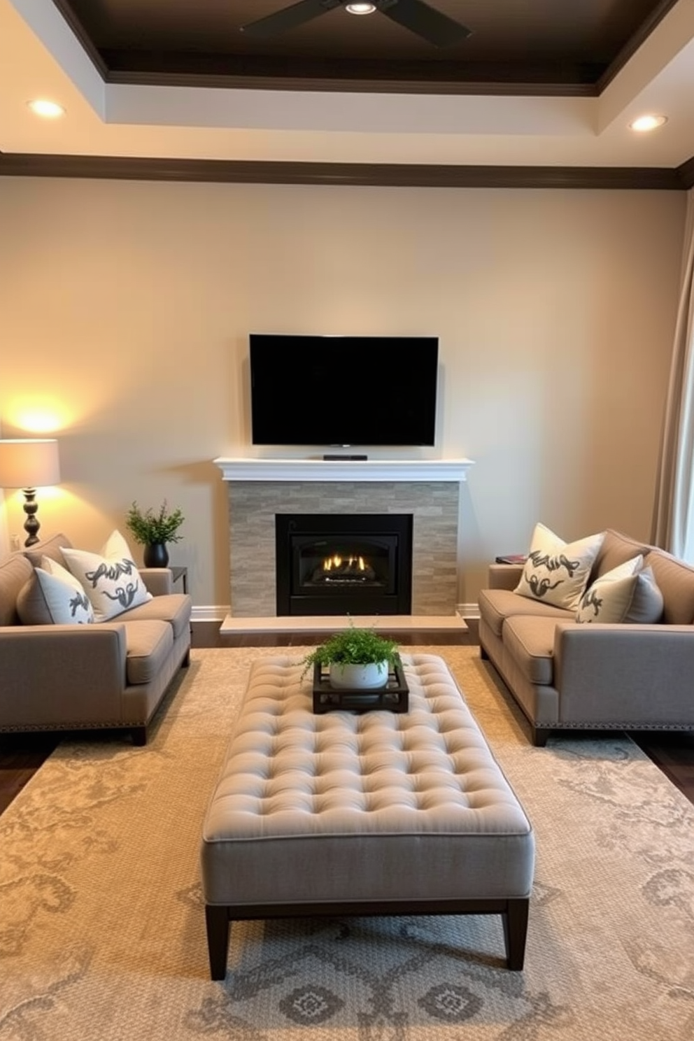 A stylish fireplace serves as the focal point of the living room, framed elegantly by a decorative TV unit that complements the overall aesthetic. The fireplace features a sleek design with a modern mantel, while the TV is seamlessly integrated above, surrounded by tasteful decor and artwork.