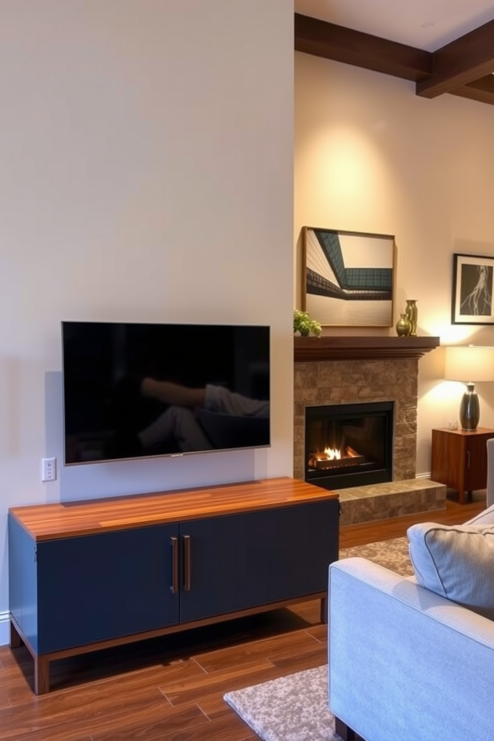 A cozy living room featuring a compact design that maximizes space. In one corner, a modern fireplace adds warmth and ambiance while a sleek television is mounted above it for entertainment. The seating arrangement includes a stylish sectional sofa that invites relaxation. Complementing the decor, a minimalist coffee table sits in front, surrounded by decorative pillows and a soft area rug.