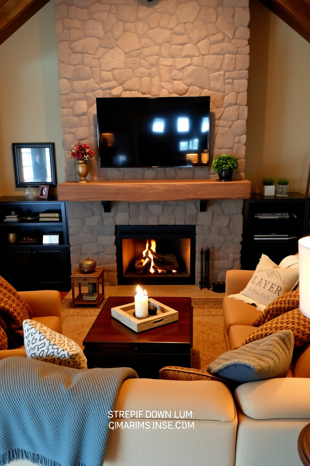 A stylish living room features bold wallpaper behind a modern fireplace that serves as a focal point. The TV is mounted above the fireplace, creating a seamless integration of entertainment and design.