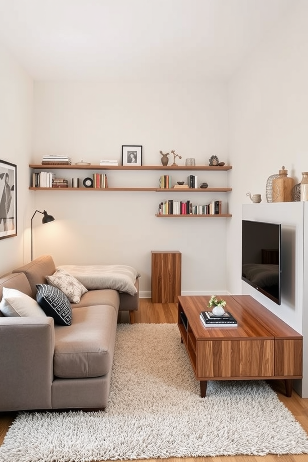 A modern living room features a sleek fireplace integrated into a custom TV cabinet. The cabinet is finished in a rich walnut wood, providing a warm contrast to the minimalist white walls. The fireplace is framed by elegant stone tiles, creating a striking focal point in the room. Plush sectional sofas in neutral tones are arranged around a stylish coffee table, inviting relaxation and conversation.