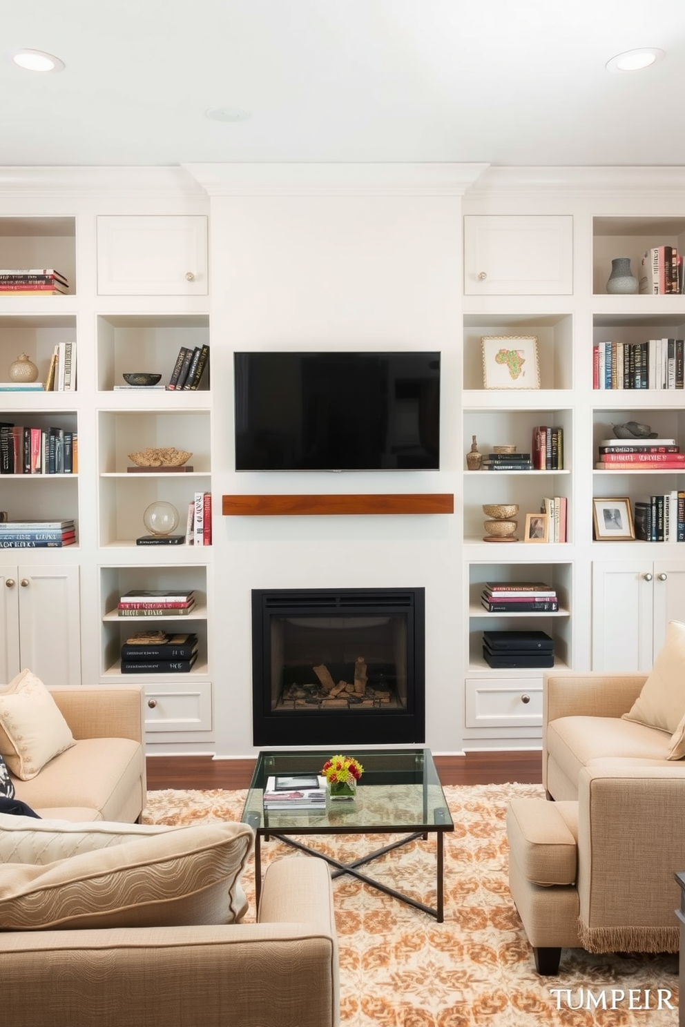 A symmetrical living room layout features a cozy fireplace at the center with an elegant mantel. Above the fireplace, a large piece of art brings a focal point to the space, complemented by matching decorative sconces on either side. The seating arrangement includes a plush sofa flanked by two stylish armchairs, creating an inviting conversation area. A sleek TV is mounted on the opposite wall, ensuring a balanced design while maintaining a comfortable viewing experience.