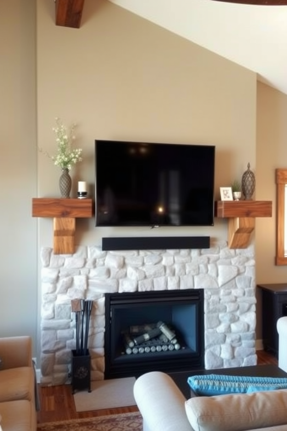 A minimalist living room featuring built-in shelves that seamlessly blend into the walls. The space includes a sleek fireplace as a focal point, with a mounted TV above it for a clean and modern aesthetic.