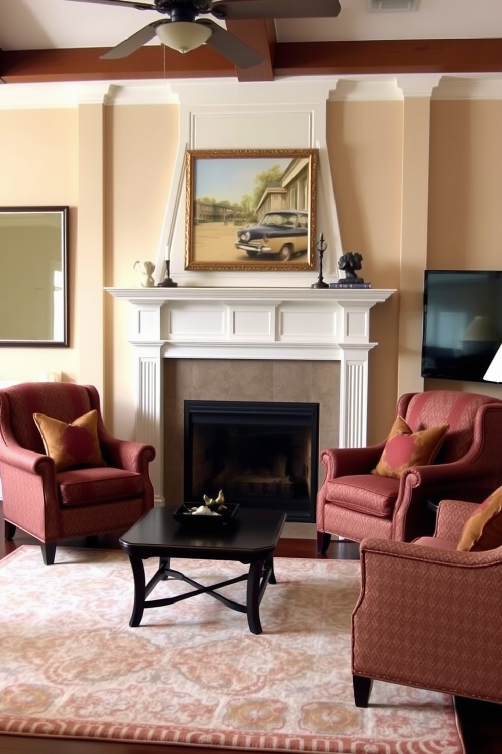 A cozy living room featuring a striking fireplace as the focal point. The seating arrangement includes a plush sectional sofa and stylish armchairs, creating an inviting atmosphere for relaxation and entertainment. The fireplace is surrounded by elegant built-in shelves filled with books and decorative items. A large flat-screen TV is mounted above the mantel, seamlessly integrating modern technology with the warm ambiance of the room.