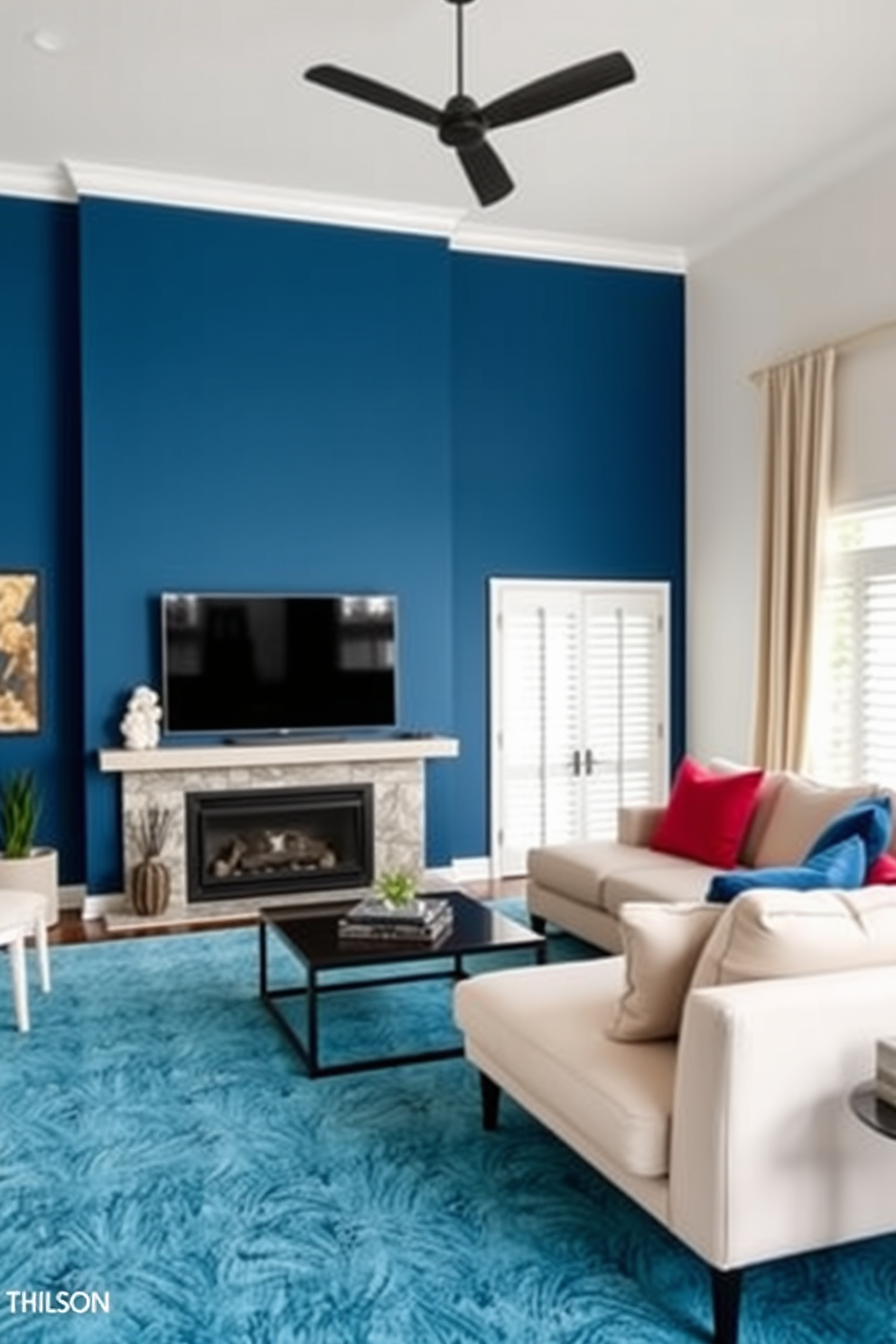 A cozy living room design featuring a TV mounted above a rustic stone fireplace. The space is adorned with a plush sectional sofa in neutral tones, complemented by a wooden coffee table and decorative throw pillows.