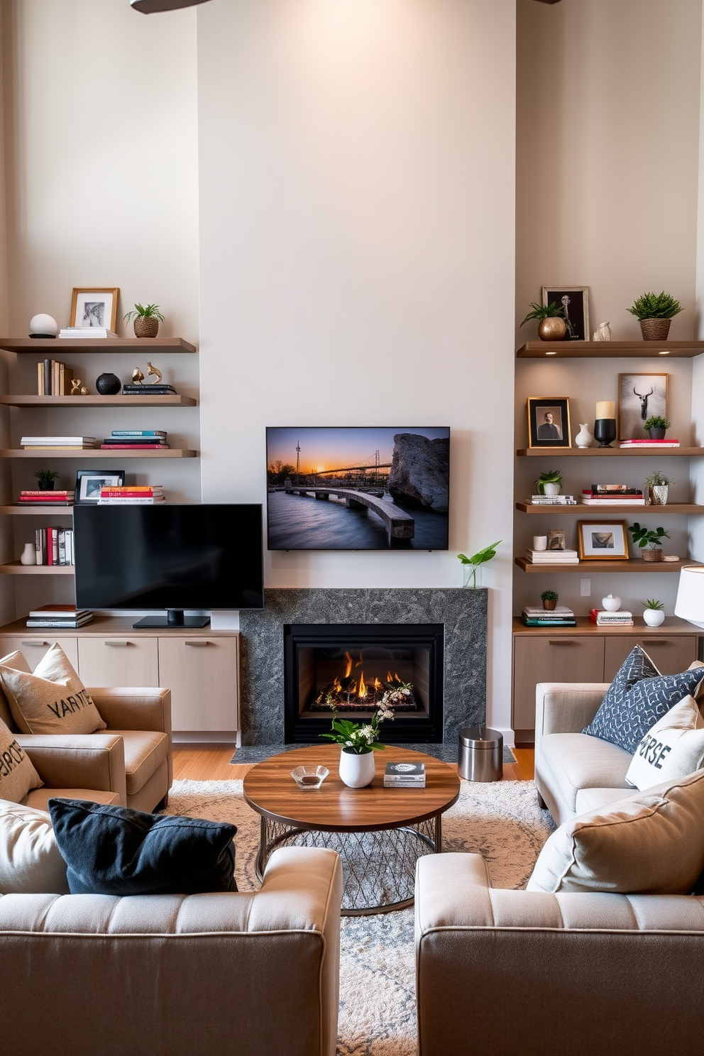 An inviting open concept living room features a sleek fireplace integrated into a modern media unit that accommodates a large flat-screen TV. The space is adorned with plush seating arranged around a stylish coffee table, creating a cozy atmosphere for relaxation and entertainment.