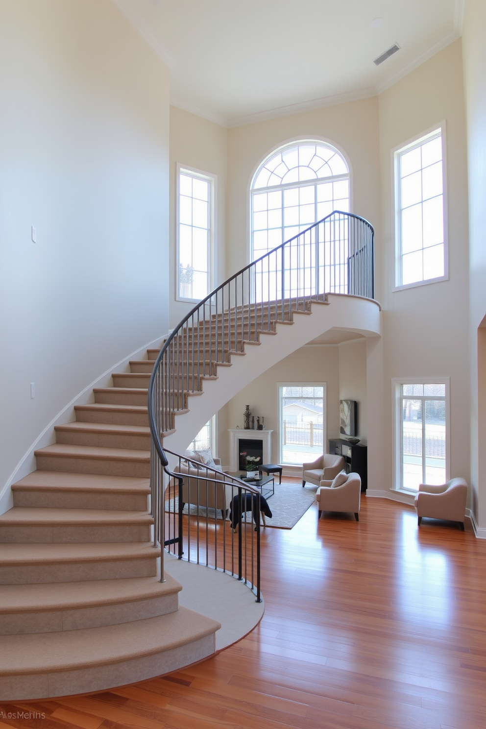 A spacious open concept living room features a stunning staircase that elegantly curves towards the second floor. The staircase is adorned with a sleek metal railing, and the walls are painted in a soft neutral tone that complements the warm wooden flooring. The living room is filled with natural light from large windows that frame the space beautifully. A cozy seating arrangement with plush sofas and a stylish coffee table creates an inviting atmosphere for relaxation and gatherings.