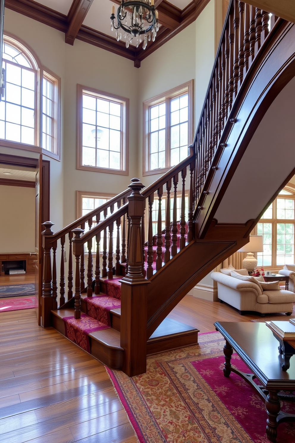 A traditional staircase with ornate balusters showcases intricate woodwork and a polished handrail. The staircase is complemented by a rich carpet runner that adds warmth and elegance to the space. The living room features a cozy seating arrangement with plush sofas and a statement coffee table. Natural light floods the room through large windows, highlighting the beautiful staircase that serves as a focal point.