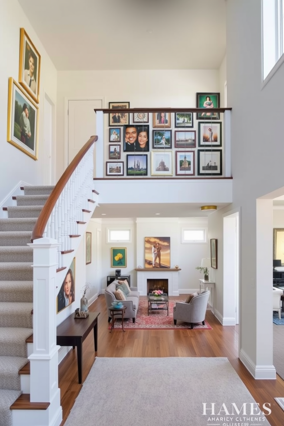 A stunning staircase features a gallery wall display showcasing a collection of framed artwork and photographs. The walls are painted in a soft white, allowing the vibrant colors of the art to stand out beautifully. The living room is designed with an open layout that seamlessly integrates with the staircase. Plush seating arrangements are positioned to create a cozy atmosphere, complemented by a stylish area rug that adds warmth to the space.