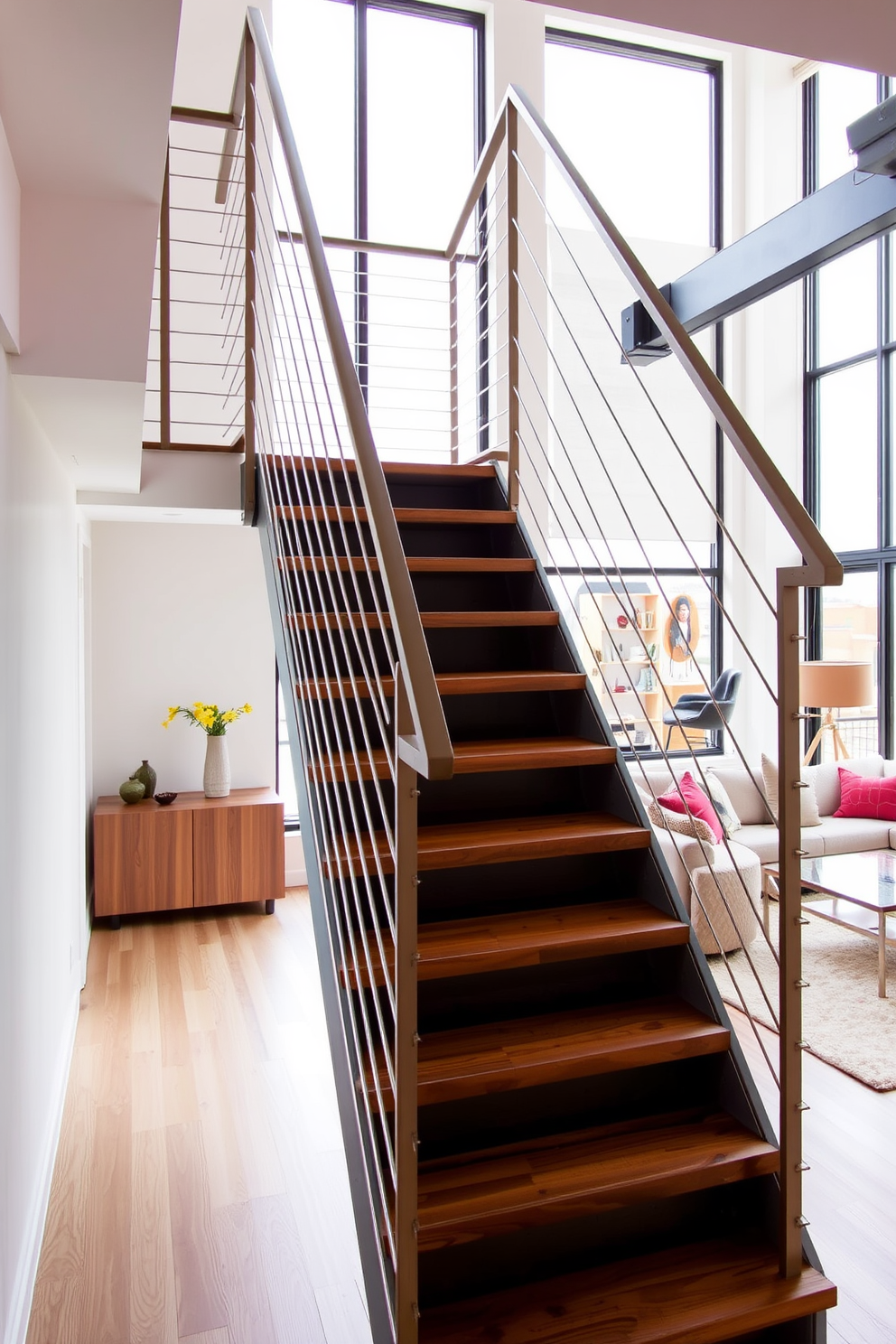 A ladder-style staircase leads up to a modern loft, featuring sleek metal railings and wooden steps that create an open and airy feel. The staircase is illuminated by natural light from large windows, enhancing the contemporary aesthetic of the space. The living room boasts a stylish design with the staircase as a focal point, incorporating plush seating and a minimalist coffee table. Soft neutral tones are complemented by bold accent colors in the decor, creating a warm and inviting atmosphere.