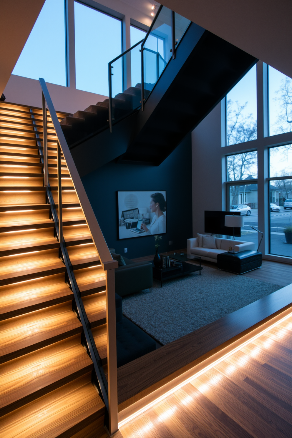 A stunning staircase features built-in lighting that casts a warm glow along the steps, creating an inviting ambiance. The railing is crafted from sleek metal, contrasting beautifully with the rich wooden treads. In the living room, large windows allow natural light to flood the space, highlighting the modern furniture arrangement. A cozy seating area is centered around a stylish coffee table, with the staircase serving as an elegant backdrop.