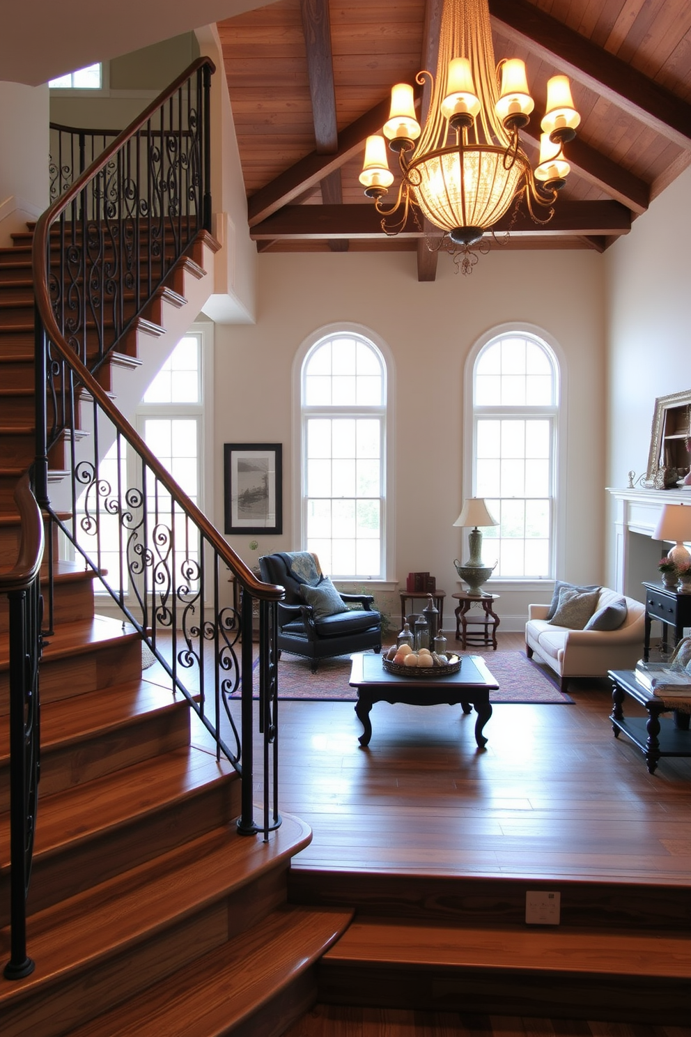 A vintage staircase with reclaimed wood steps features an elegant wrought iron railing that complements the rustic charm of the wood. The staircase is illuminated by a large chandelier that hangs gracefully from the ceiling, casting warm light across the space. The living room showcases stylish design ideas with a cozy seating arrangement centered around a classic coffee table. Large windows allow natural light to flood the room, highlighting the rich textures of the vintage decor and the inviting atmosphere.