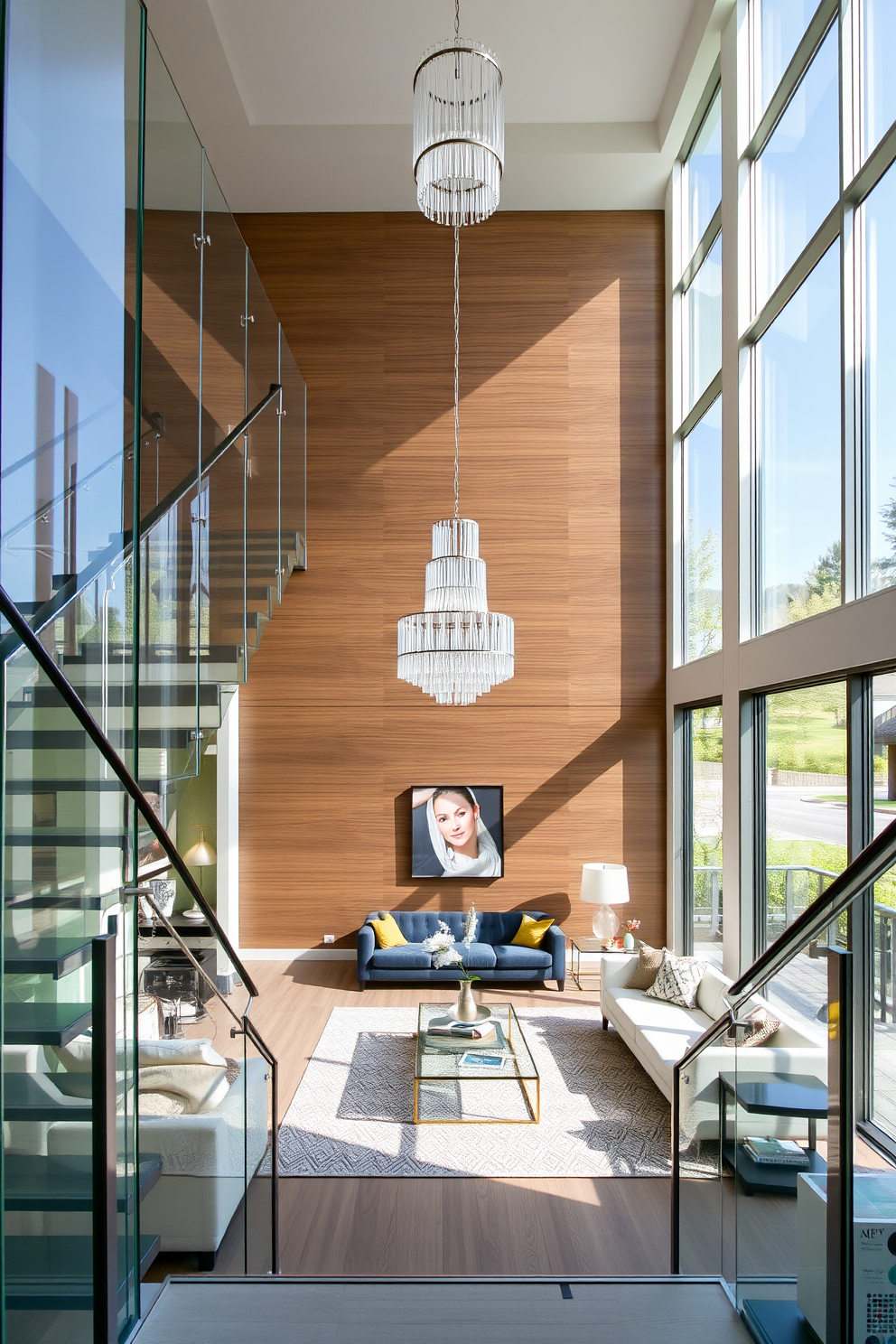 A stunning glass staircase features sleek, transparent panels that allow natural light to flow through the space. The staircase is framed by minimalist metal railings, creating an open and airy atmosphere. The living room boasts contemporary design elements with a stylish seating arrangement centered around a modern coffee table. Large windows provide a view of the outdoors, while a statement chandelier adds a touch of elegance to the overall aesthetic.