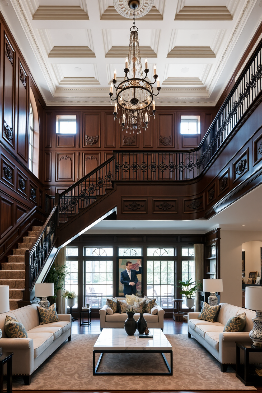 A stylish staircase featuring contrasting colors with a sleek black railing and white wooden steps. The walls are adorned with abstract art pieces that complement the color scheme, creating a striking visual impact. The living room is designed with an open layout that seamlessly connects to the staircase. Plush seating in neutral tones is arranged around a modern coffee table, while large windows allow natural light to fill the space, enhancing the overall ambiance.