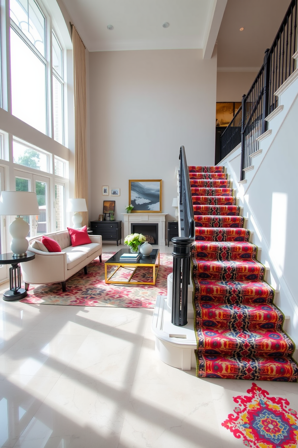 A stunning living room featuring a bold patterned carpet adorning the staircase steps. The carpet showcases vibrant colors and intricate designs that complement the overall decor of the space. Natural light floods the room through large windows, illuminating the elegant furniture arrangement. A plush sofa and stylish armchairs are positioned around a chic coffee table, creating an inviting atmosphere for relaxation and conversation.