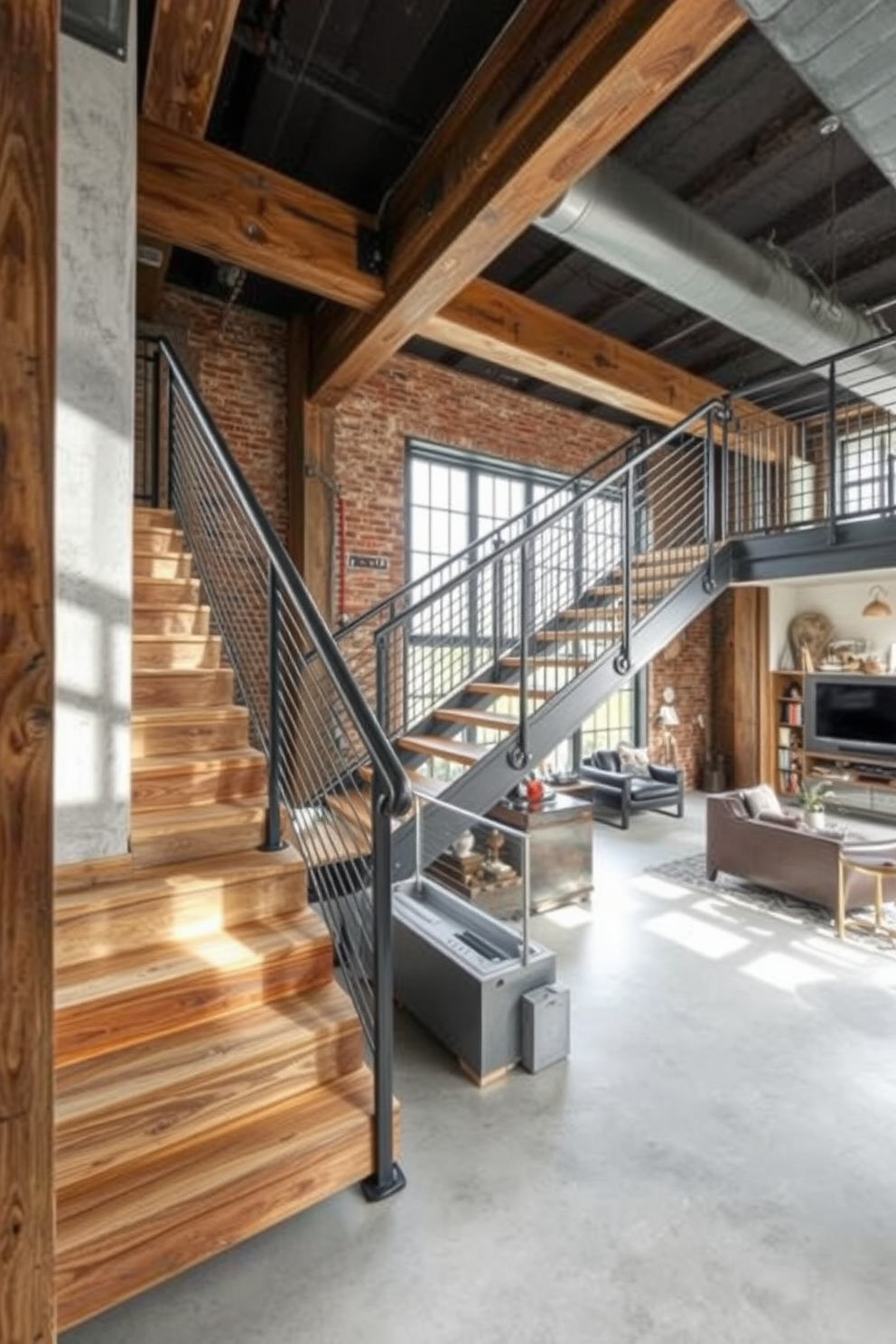 An industrial staircase featuring exposed beams and a sleek metal railing. The steps are made of reclaimed wood, adding warmth to the raw aesthetic of the space. A spacious living room designed with a modern touch, incorporating a stylish staircase as a focal point. Large windows allow natural light to flood the room, highlighting the contemporary furniture and decor.