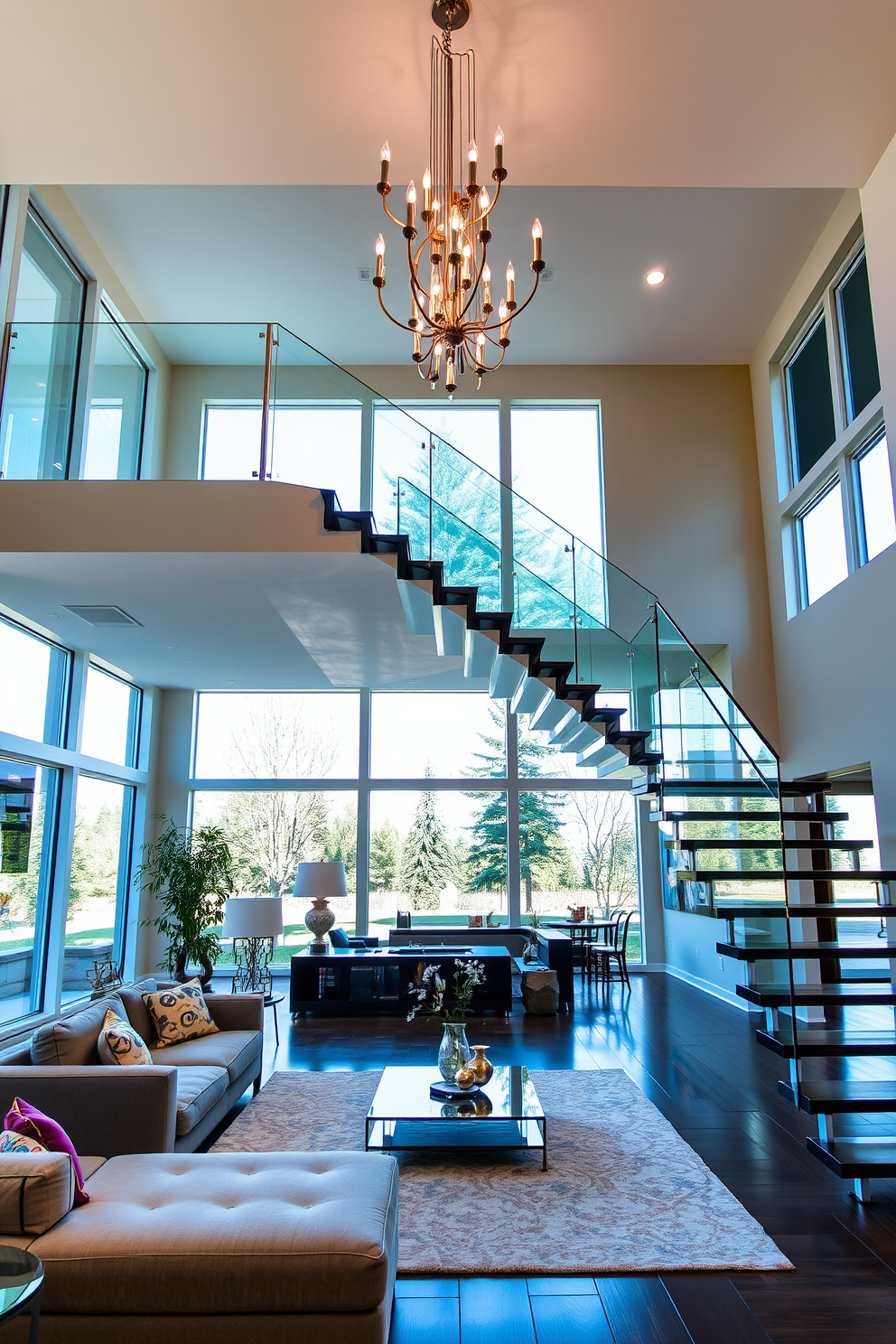 A stunning living room features floating stairs with sleek glass railing accents that create a sense of openness. The stairs ascend gracefully, complemented by a modern chandelier that casts warm light across the space. The living area is furnished with a plush sectional sofa and a contemporary coffee table, creating a cozy yet stylish atmosphere. Large windows allow natural light to flood the room, highlighting the elegant decor and inviting ambiance.