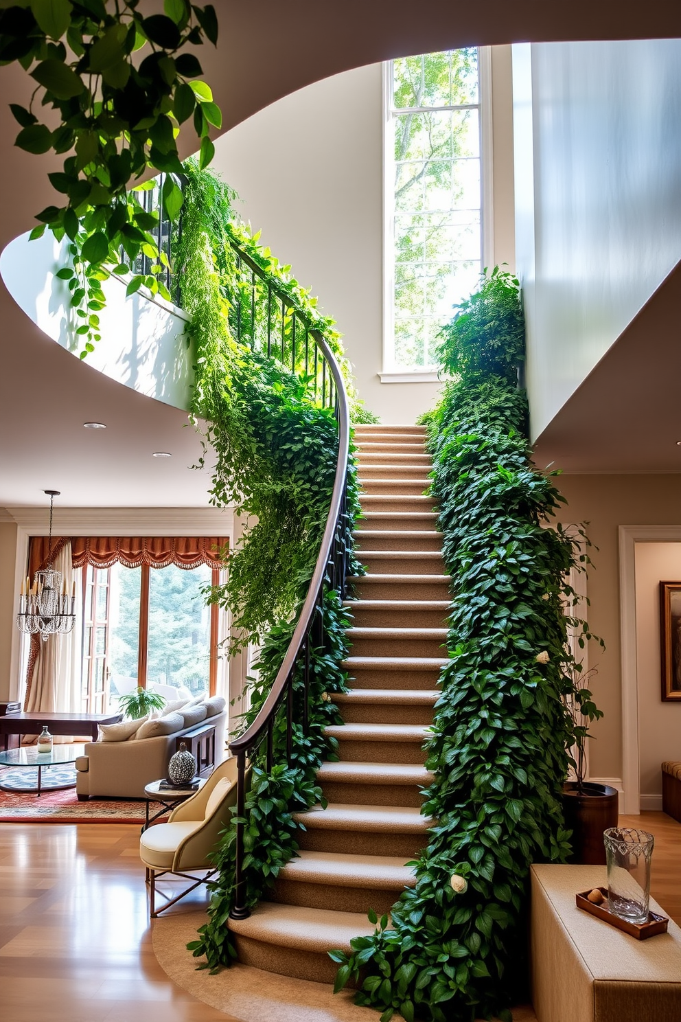 A grand staircase elegantly wrapped in lush greenery creates a stunning focal point in the entryway. The soft light filtering through the leaves adds a serene ambiance to the space. The living room features a seamless design that incorporates the staircase as a central element. Plush seating arrangements and warm color palettes complement the natural surroundings, enhancing the inviting atmosphere.