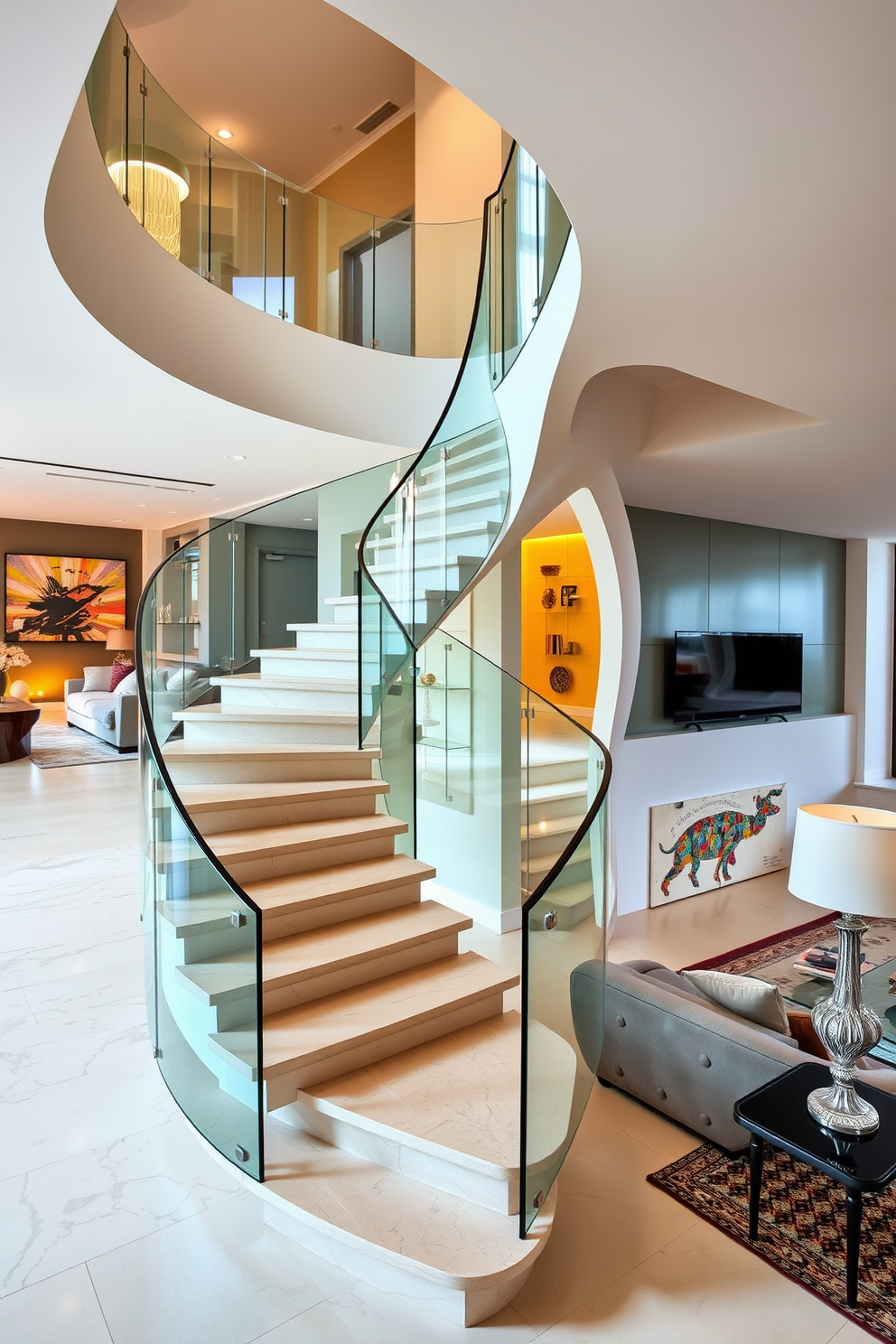 Artistic staircase with unique shape. The staircase features a flowing design with asymmetrical steps that create a sculptural effect, complemented by a sleek glass railing. Living room with stairs design ideas. The living room showcases an open layout with a statement staircase that curves gracefully, surrounded by modern furniture and warm lighting to enhance the inviting atmosphere.