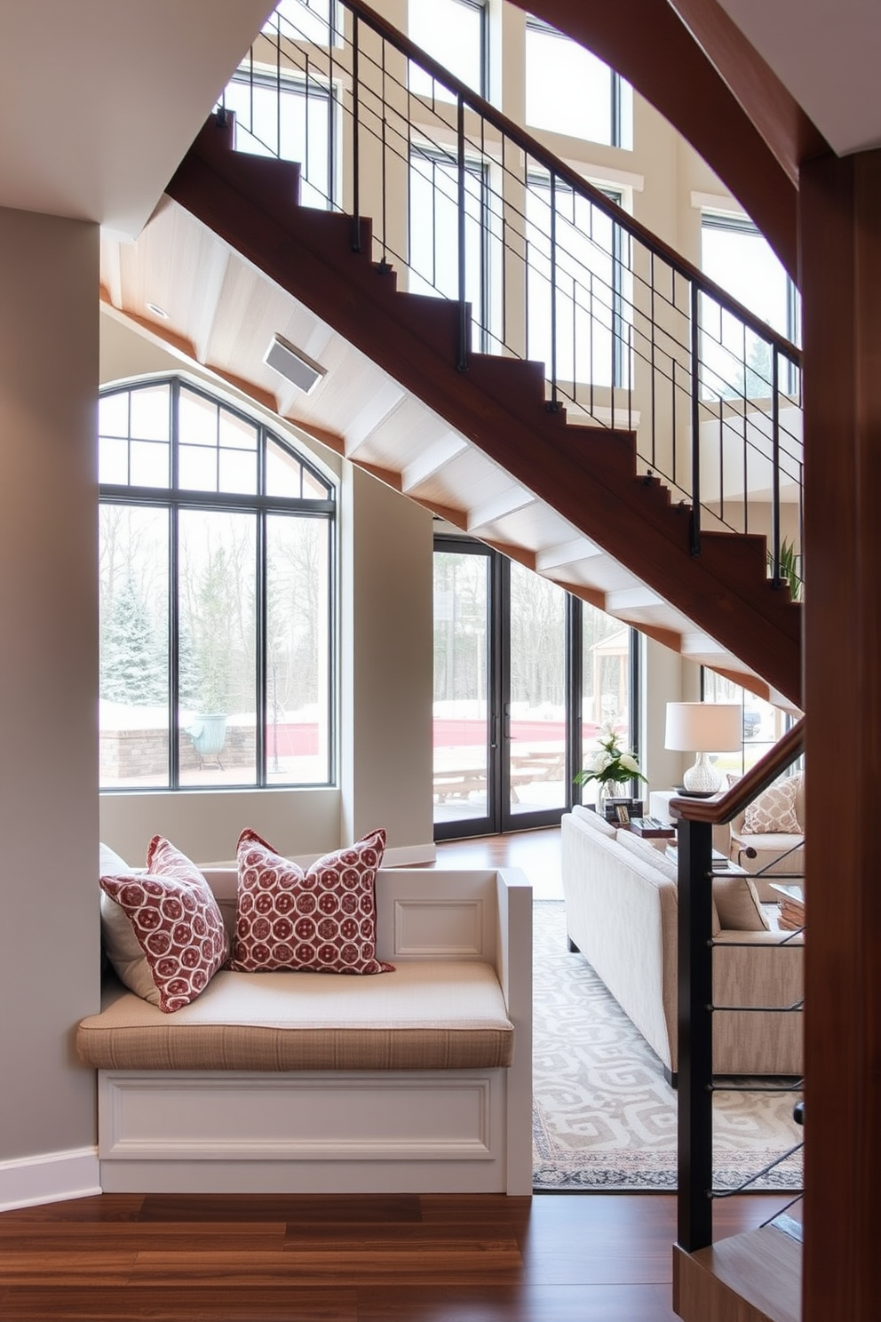 A grand living room featuring an elegant staircase with decorative side paneling. The staircase is adorned with intricate woodwork that complements the room's overall aesthetic. The living area is spacious, with plush seating arranged around a stylish coffee table. Large windows allow natural light to flood the space, highlighting the warm tones of the decor.