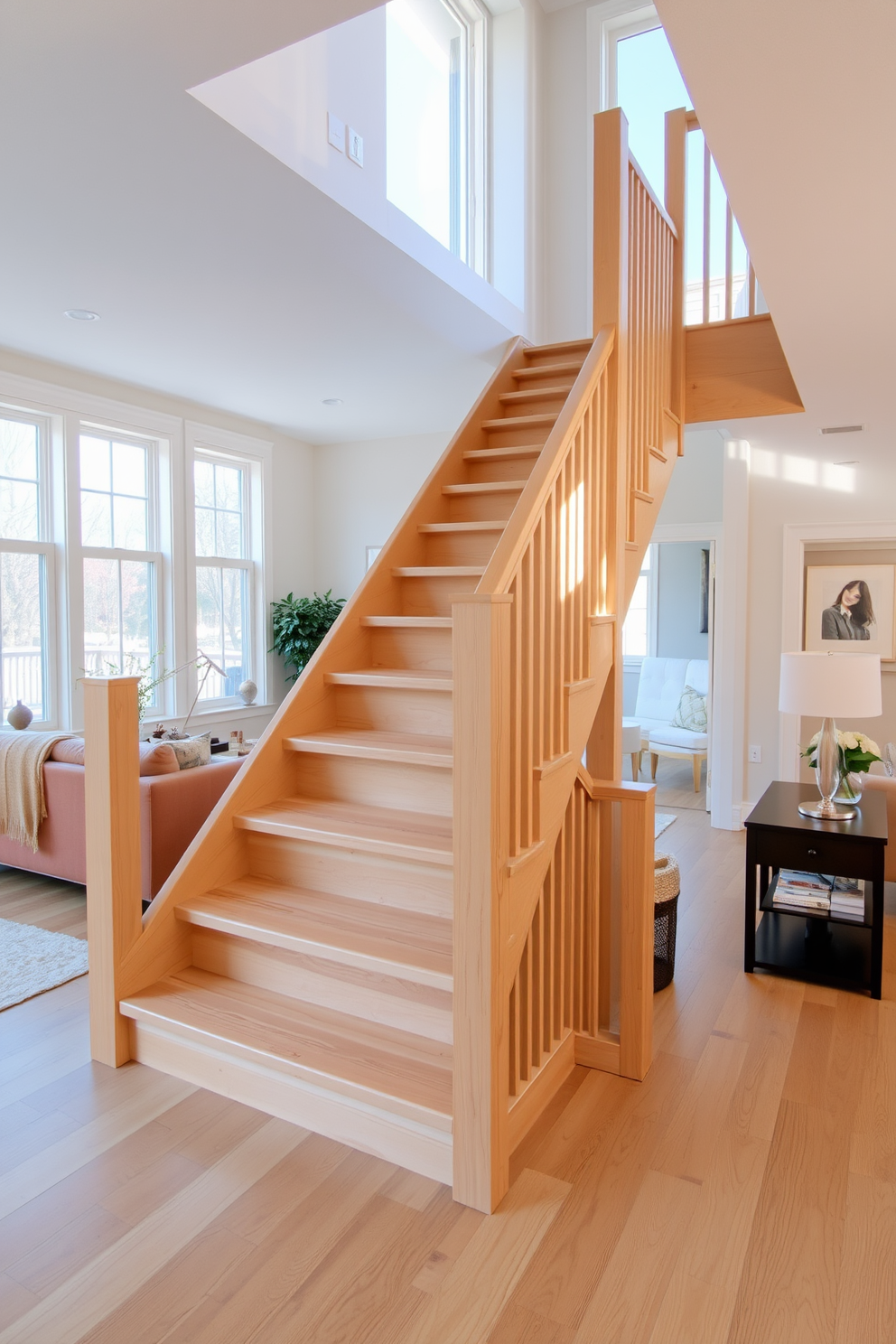 A light wood staircase gracefully ascends into a spacious living room, creating an airy and inviting atmosphere. The living room features large windows that allow natural light to flood the space, highlighting the warm tones of the light wood and soft furnishings.