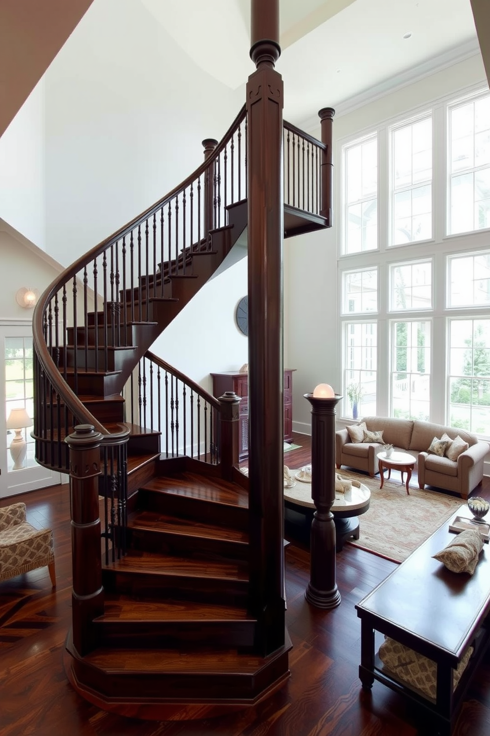 A dark wood staircase spirals elegantly, creating a dramatic focal point in the room. The rich tones of the wood contrast beautifully with the light walls, enhancing the overall ambiance of sophistication. The living room features a cozy seating arrangement that complements the staircase design. Large windows allow natural light to flood the space, highlighting the intricate details of the staircase and the inviting atmosphere of the room.