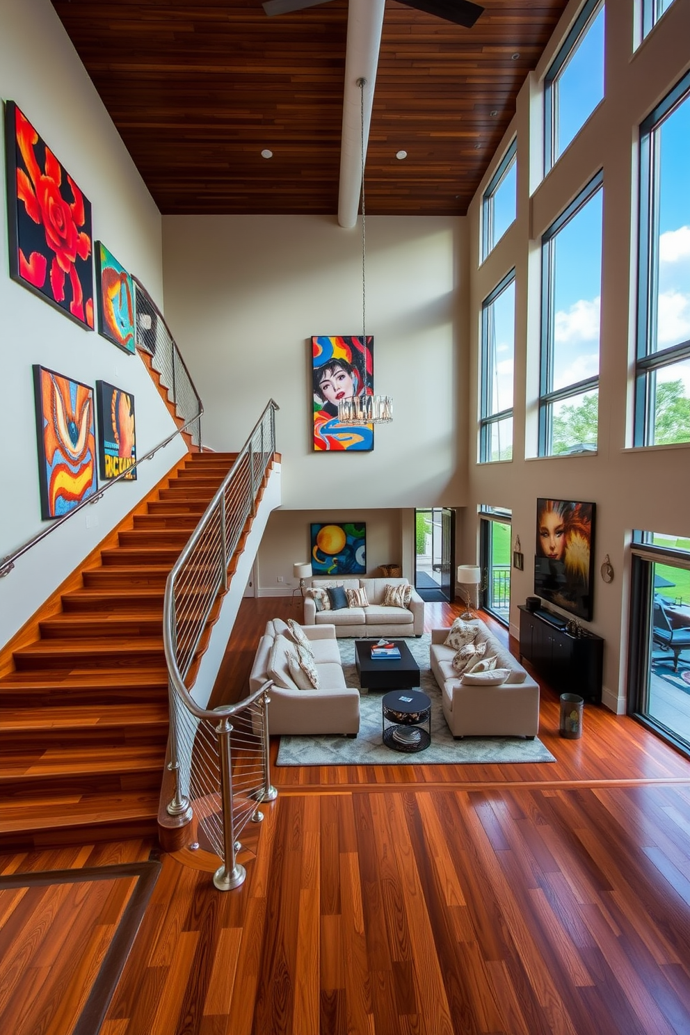 A grand staircase features vibrant art pieces displayed along the walls, creating a stunning visual journey as you ascend. The staircase is made of rich hardwood, complemented by a sleek metal railing that adds a modern touch. In the living room, large windows flood the space with natural light, highlighting the elegant furniture arrangement. A cozy seating area is positioned near the stairs, with plush sofas and a stylish coffee table that invites relaxation and conversation.